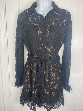 Fate New NWOT Black Lace Long-Sleeve Nude Shirt Dress with Belt